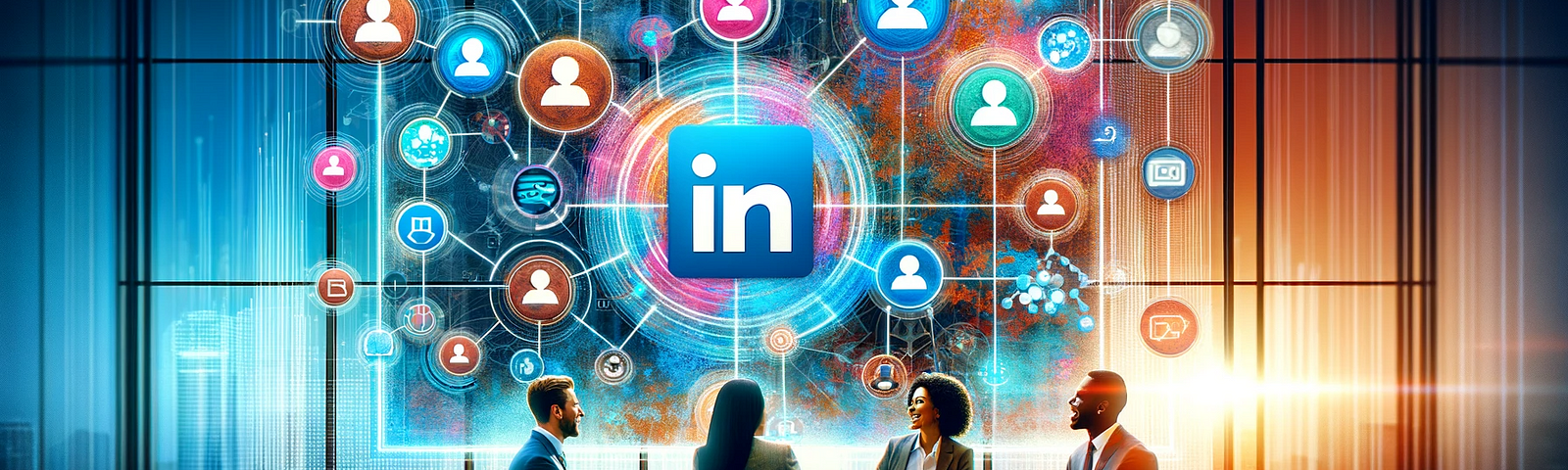 The image features a modern corporate setting with professionals engaged in strategic planning, aligning with the topic of LinkedIn Tactics from Riser Club.