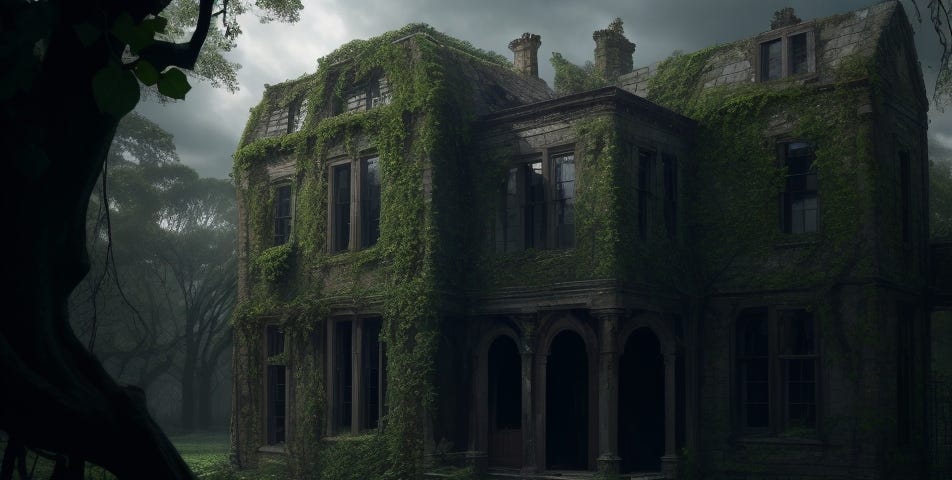 An ancient, dilapidated mansion covered in ivy, with broken windows and surrounded by shadowy woods. The sky is dark with ominous clouds overhead.