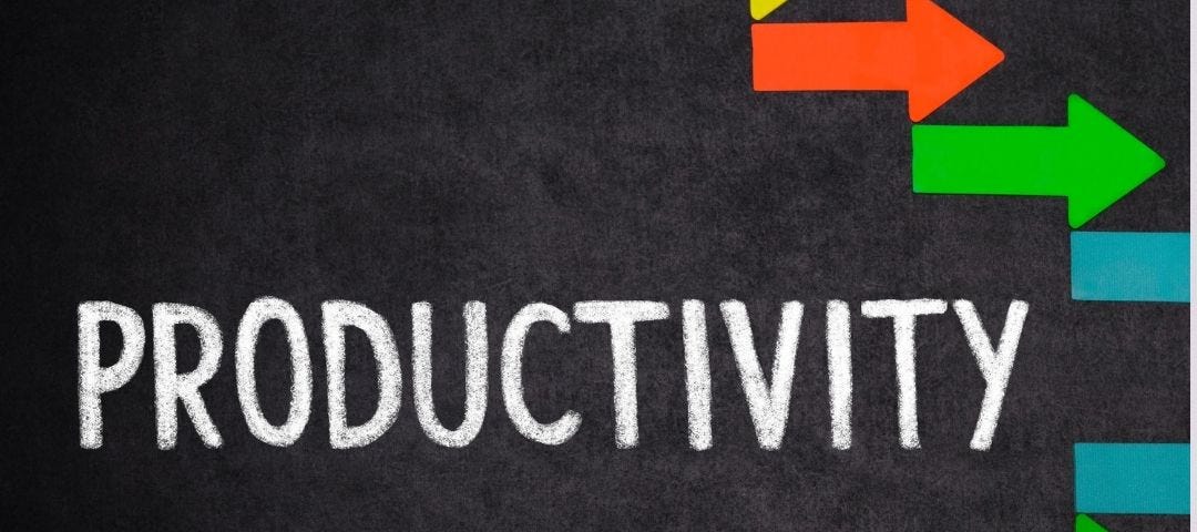 The word “productivity” written in white chalk on a blackboard surrounded by colored arrows pointing forward