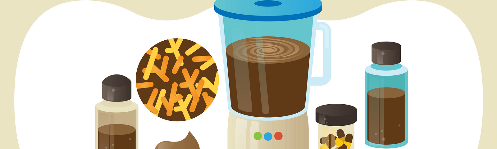 Illustration shows blender with brown material alongside vials of brown liquid and pills, and a petri dish holding poop.