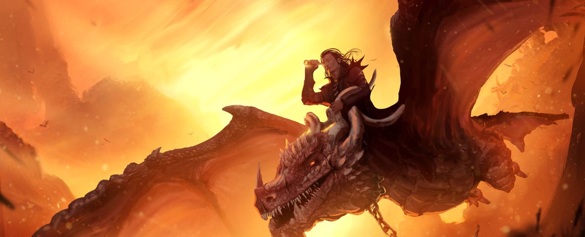 Image: A figure riding a dragon throuhg a red-gold sky.