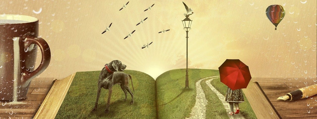 An open book sitting next to a coffee cup and a highlighter pen. On the pages of the open book is a scene, a printed track with a young girl strolling along under a red umbrella. Next to the track is a grassy field with a large dog prancing about, a strett lamp with a bird perched on top. In the skies is a flock of birds and a hot air balloon.