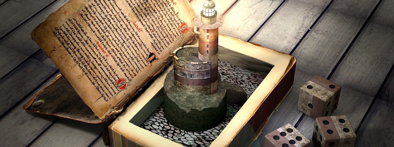 An ancient book, pages stained and yellowing. A statue of a lighthouse is showing in place of the pages on the right hand side of the book. Three old and stained die are sitting next to the book.