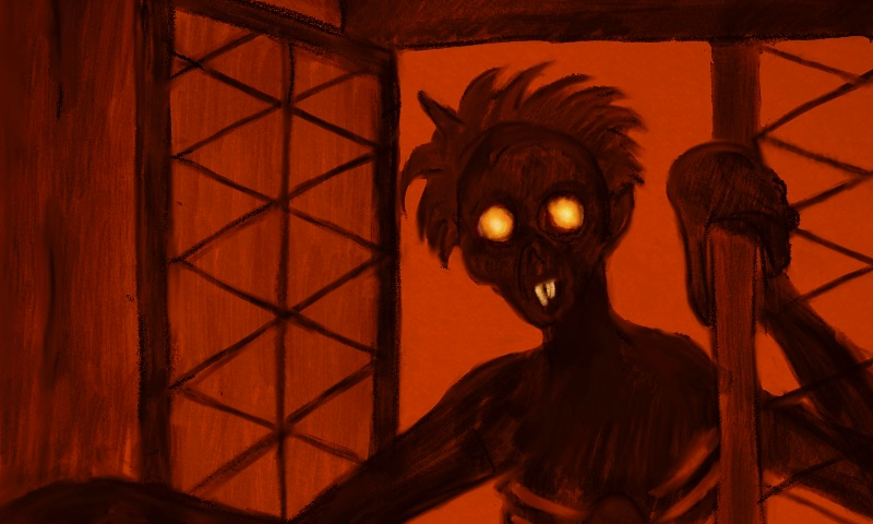 A sinister, dark figure with burning eyes creeps through an open window.