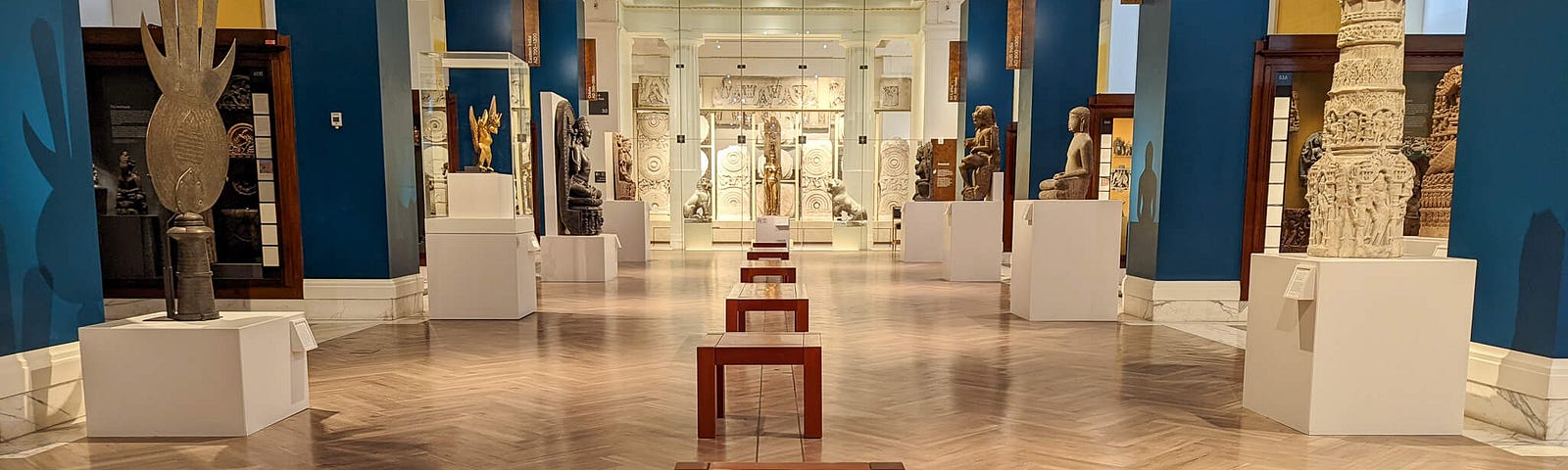 Long view down a museum exhibition hall