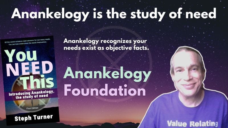 Anankelogy is the study of need. Anankelogy recognizes your needs exist as objective facts. Anankelogy Foundation. Book cover: You NEED This. With image of author Steph Turner.