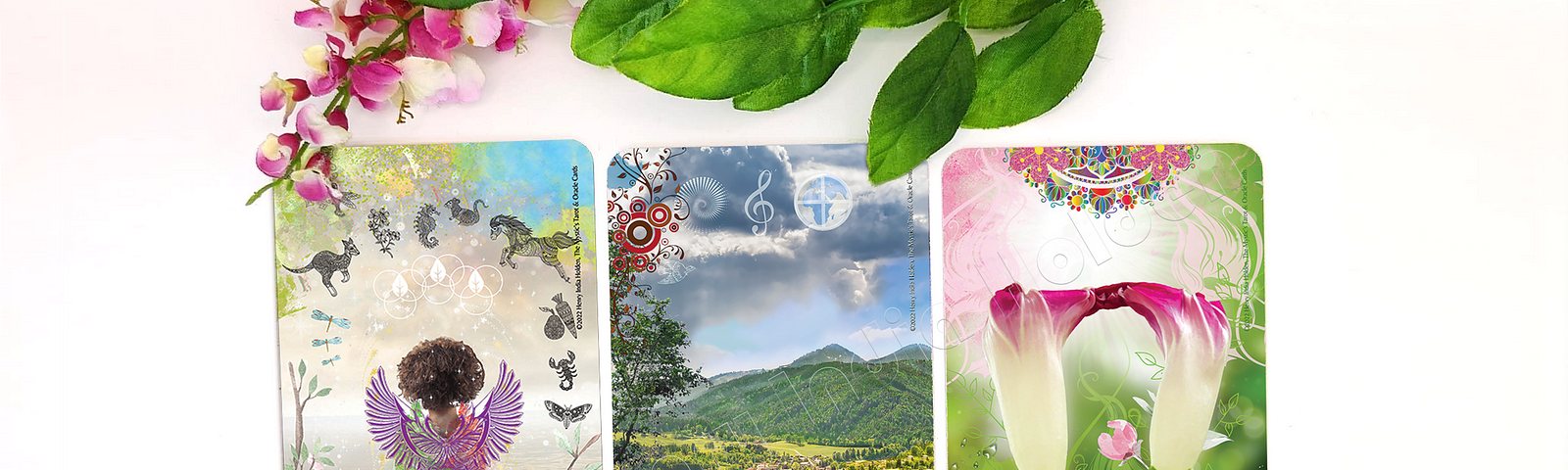 Eco-Magic, Natura, and Enchantment. Three colorful and positive cards from the deck, The Mystic’s Tarot & Oracle Cards by the author of the article.