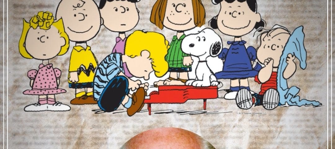Peanuts cartoon characters and a picture of Charles Schultz