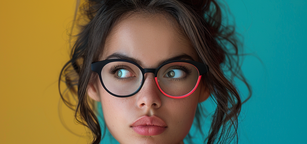 woman being angry, frowning, looking at the camera, with one hand covering her mouth, wearing eye glasses and accessories with contrasting vivid colors. A studio shot, contrasting colors, single vivid color flat background color