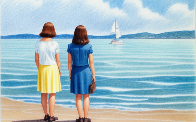 Two girls stand on the shore looking forlornly at a boat passing them by