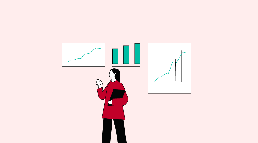 Illustration of a woman standing and staring at three charts and graphs over her head.