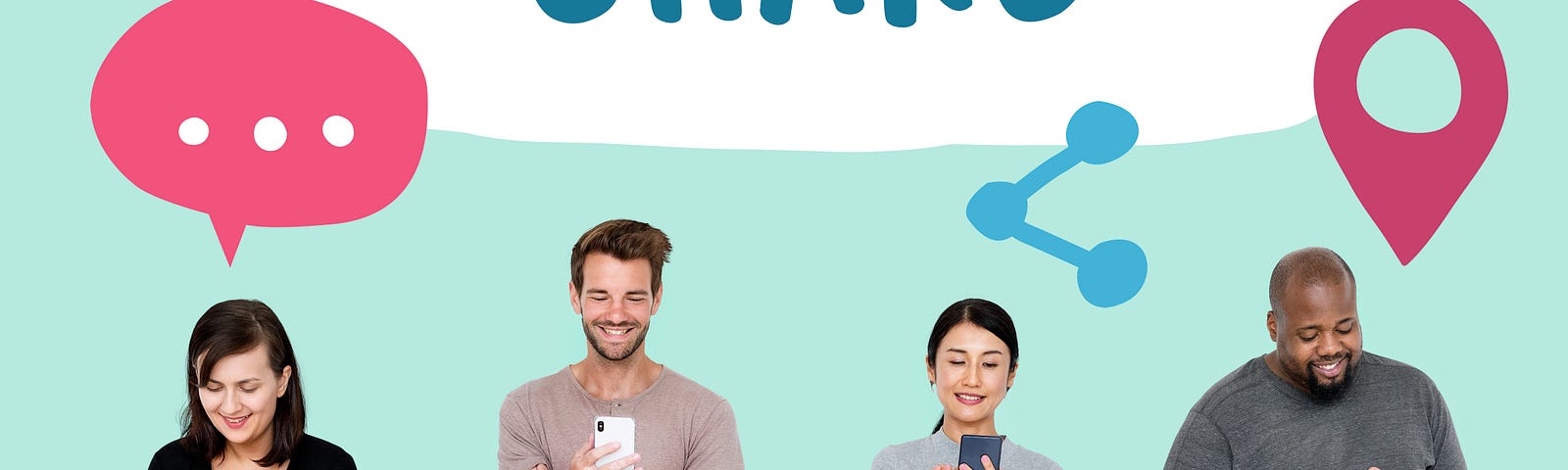 Four young people, female and male, black and white with smartphone in hands and clouds above their heads saying share.