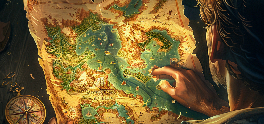 An explorer looking at and pointing to a location on a large treasure map.