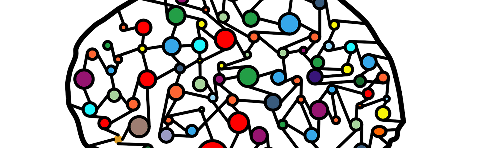 illustration of various different colored dots connected within an outline of a brain to depict an abstract visualization of machine learning