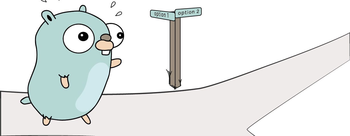 The Go Gopher approaches a crossroads sweating. The sign reads “Option 1” and “Option 2”.