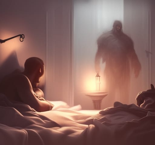 A spooky scene with a man sitting up in bed, and another man standing in shadow and carrying a lamp.