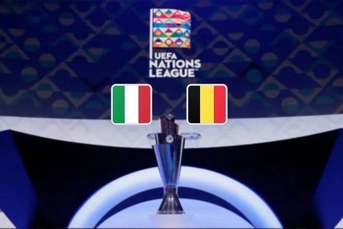 A picture of the Nations league flag with those of Italy and Belgium