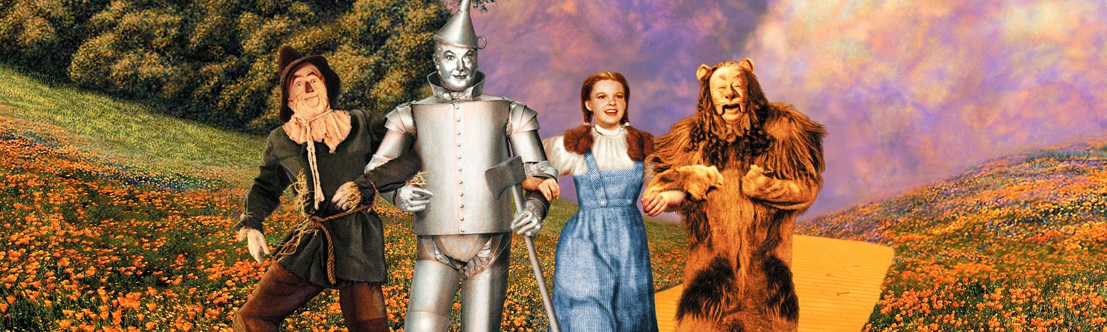 A still shot from the Wizard of Oz, with Dorothy on the yellow brick road.