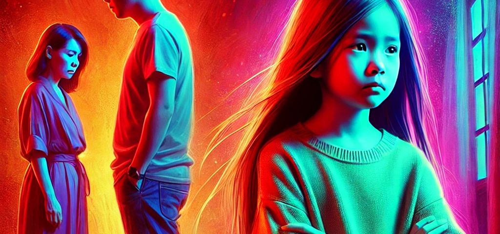 A vibrant image depicting an emotional scene where two Asian parents turn away from their young daughter. The daughter stands in the foreground, looking hurt and confused, while bright colors like deep reds, blues, and greens create a dynamic contrast. The light focuses on the girl, highlighting her vulnerability amidst the intensity of emotions, symbolizing family conflict and pain.