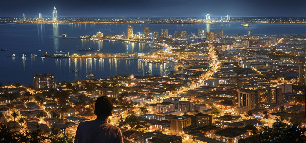 Person, overlooking Cartagena, Colombia at night.