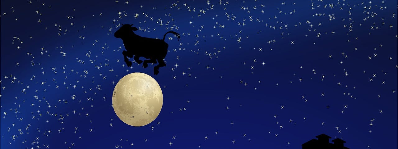 Under a starry night and full moon, a cow jumps over the moon
