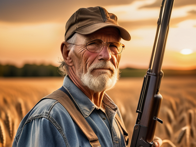 An old farmer in a field with a shotgun.