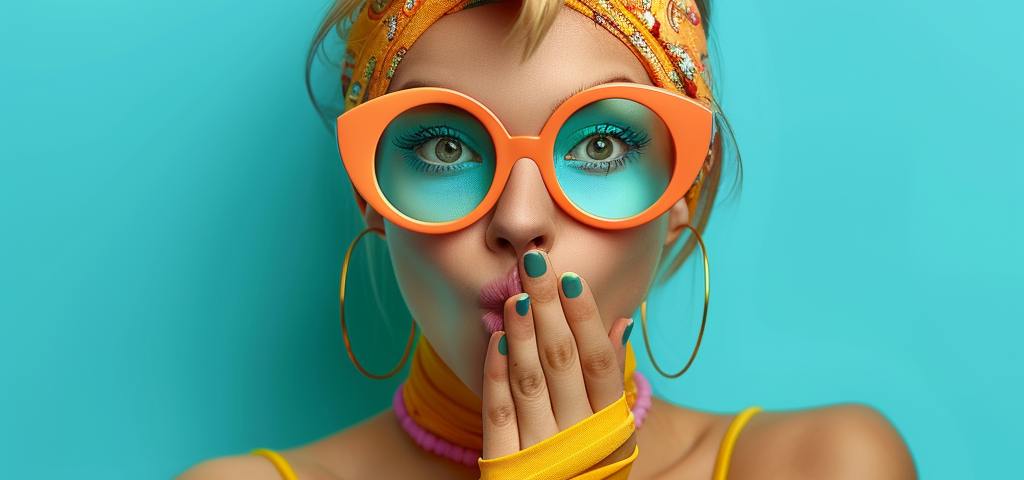 imagine a woman being angry, frowning, looking at the camera, with one hand covering her mouth, wearing eye glasses and accessories with contrasting vivid colors
