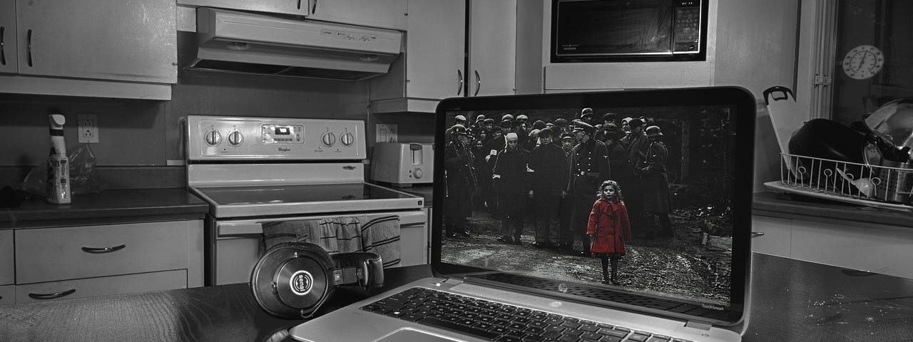 Black and white photo of headphones and open laptop on tabel in kitchen. Immaculate. Dishes done, spray cleaner on countertop. Image on laptop screen: little girl in red coat, before an army.