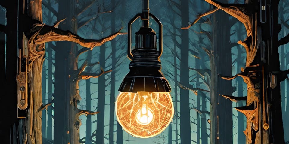 A color illustration showing a stylized light bulb with a root-like filament hanging in a forest of bare trees. Created by Frank Moone using Dream.AI