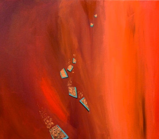 Orange and red abstract painting of falling sparkling shapes. Title: Gift of Hope, painted by Cheryl O Art.