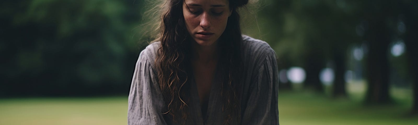 A sad woman sitting in nature