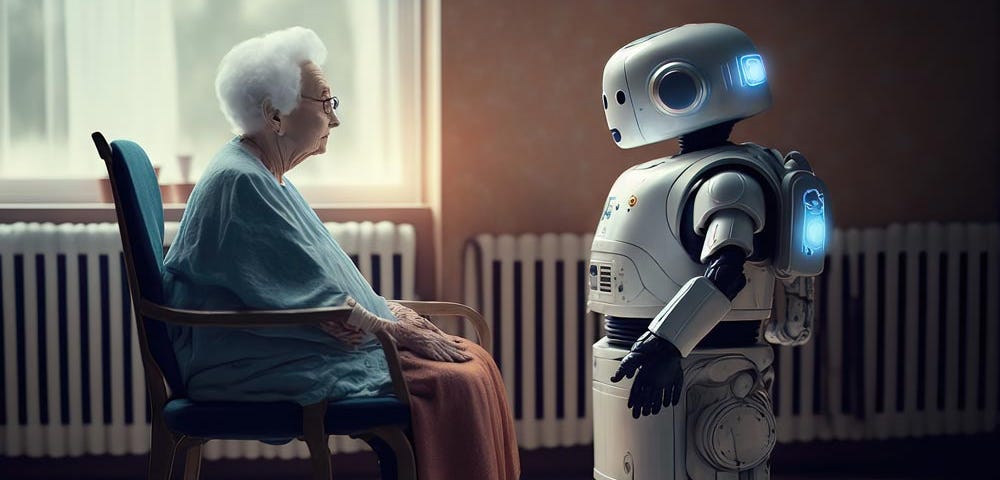 Future of elder care with robots in retirement home, Generative AI.