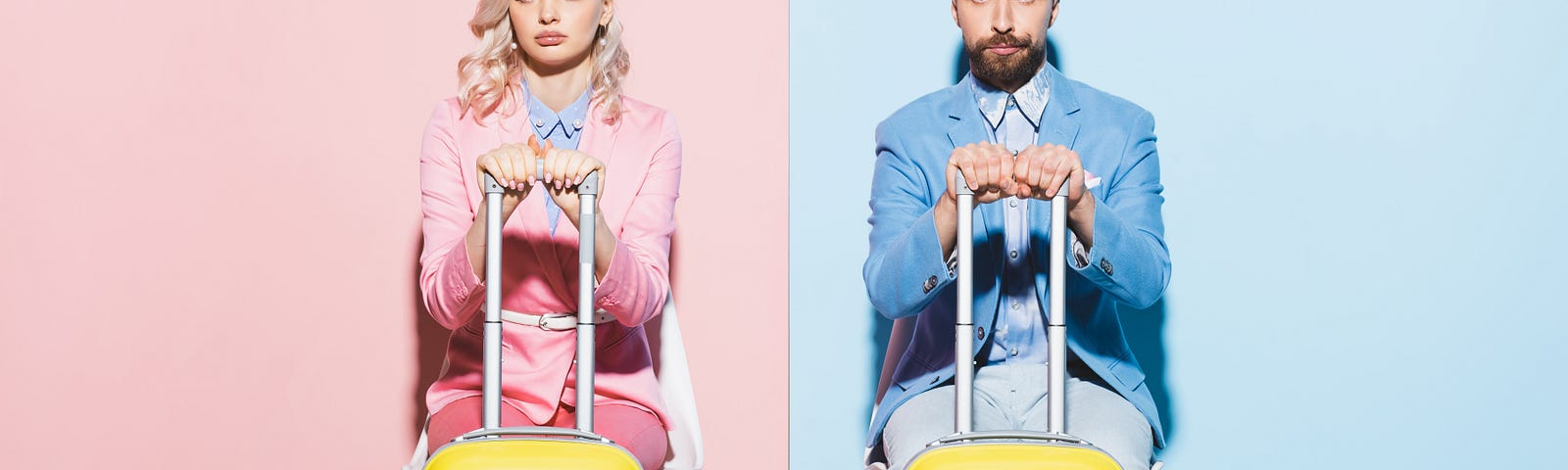 A couple sit with their baggage against a backdrop of pink and blue.