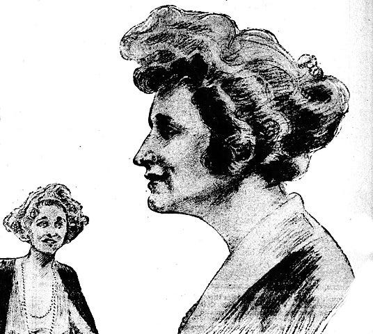 A sketch of Lady Astor, facing her and in profile.