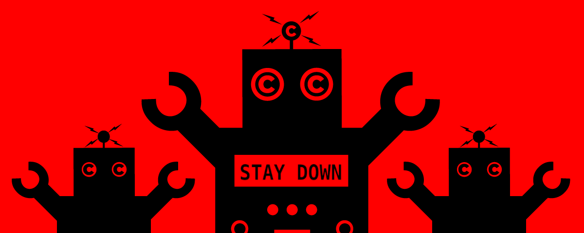 A trio of sinister black robots on a black background; their eyes and the rollers on their tank-treads are circle-c copyright symbols. The front-and-center robot has a chest display that reads “STAY DOWN.”