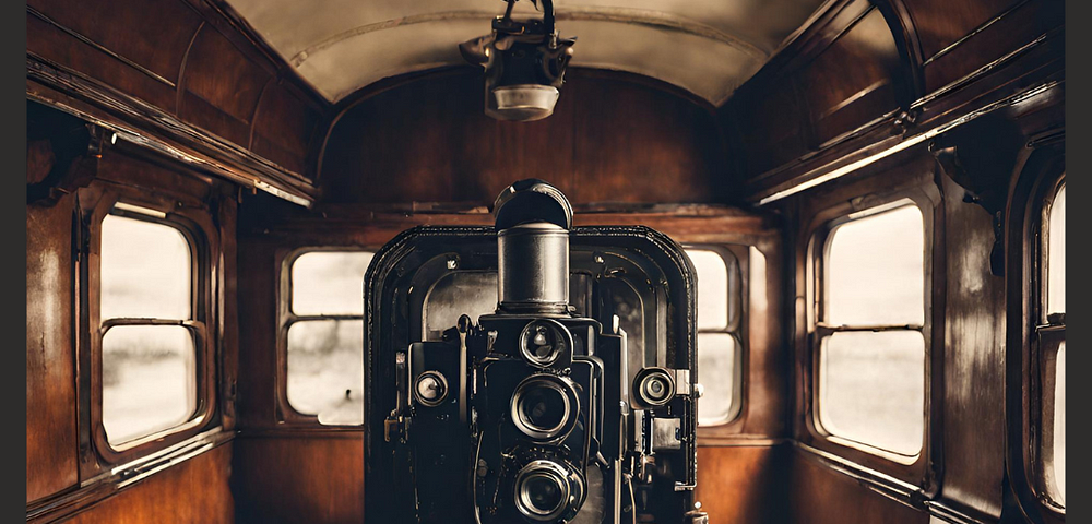 antique camera inside an old train car made of wood, with windows all around