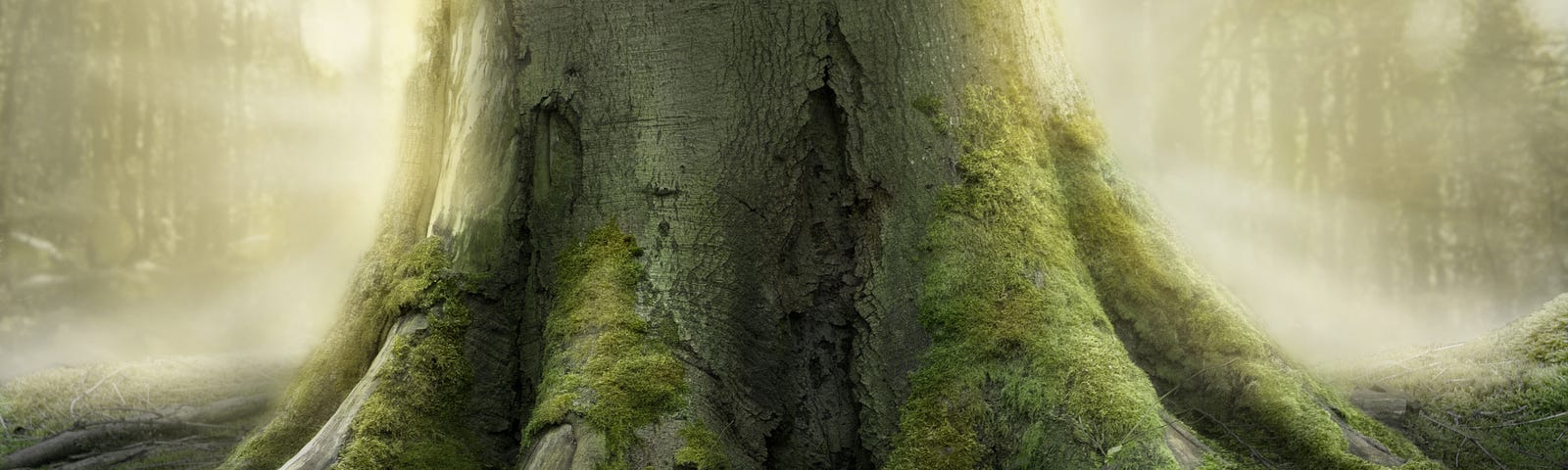 A mossy massive tree trunk with rambling roots reaching out into the forest.