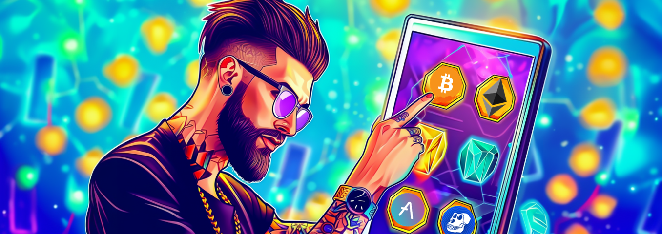 AI image created on MidJourney V6 by henrique centieiro and bee lee, a man with tattoo, glasses and beard selecting crytpocurrency via a tablet. Trending crypto sectors in 2024.