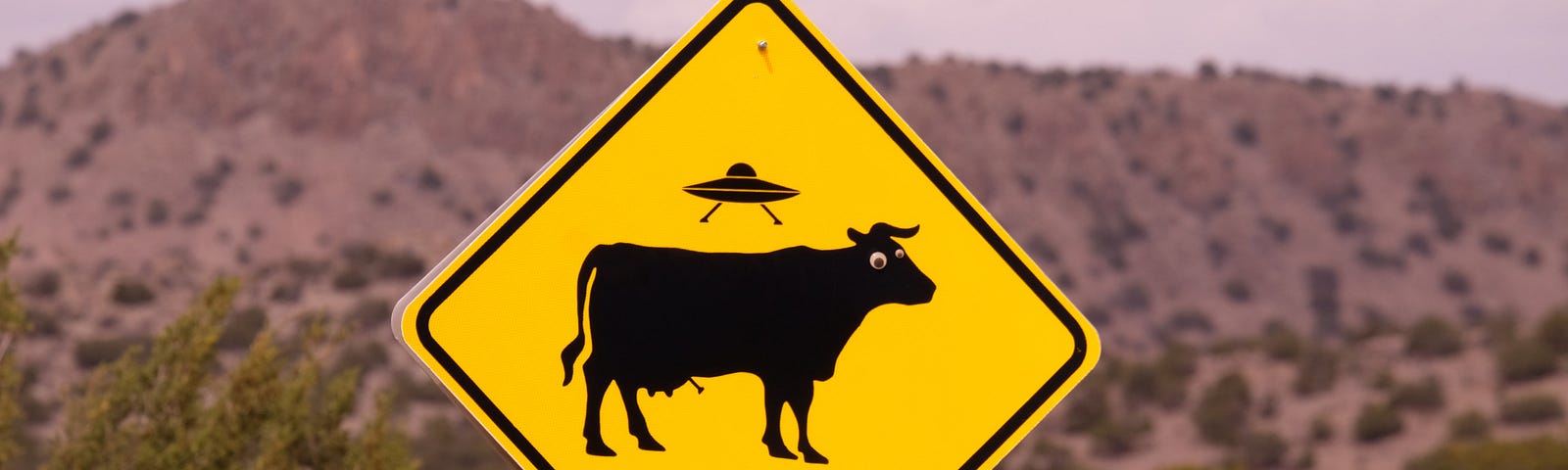 There is a dry mountain landscape with a bright yellow diamond road sign that has a UFO over a cow with googly eyes stuck to it