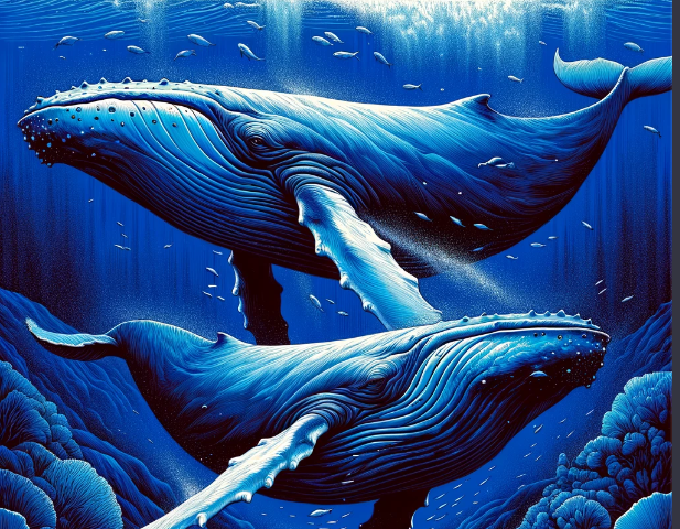 OpenAI AI-generated image of 2 humpback whales in the style of Wyland