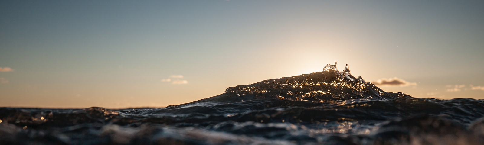 Photograph of a wave at sunset. The peak of the wave is highlighted by the sun.