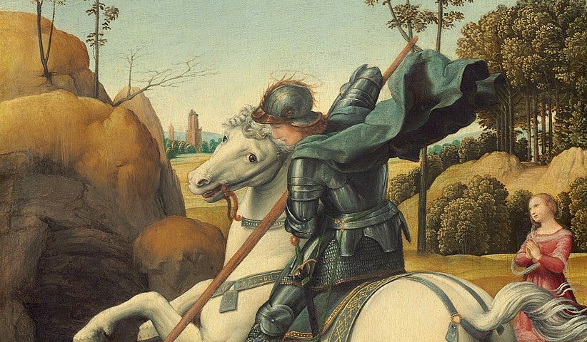 St. George and the Dragon by Raphael. This painting depicts St. George, clad in armor, valiantly slaying a dragon to save a princess, symbolizing bravery and the classic hero’s journey.