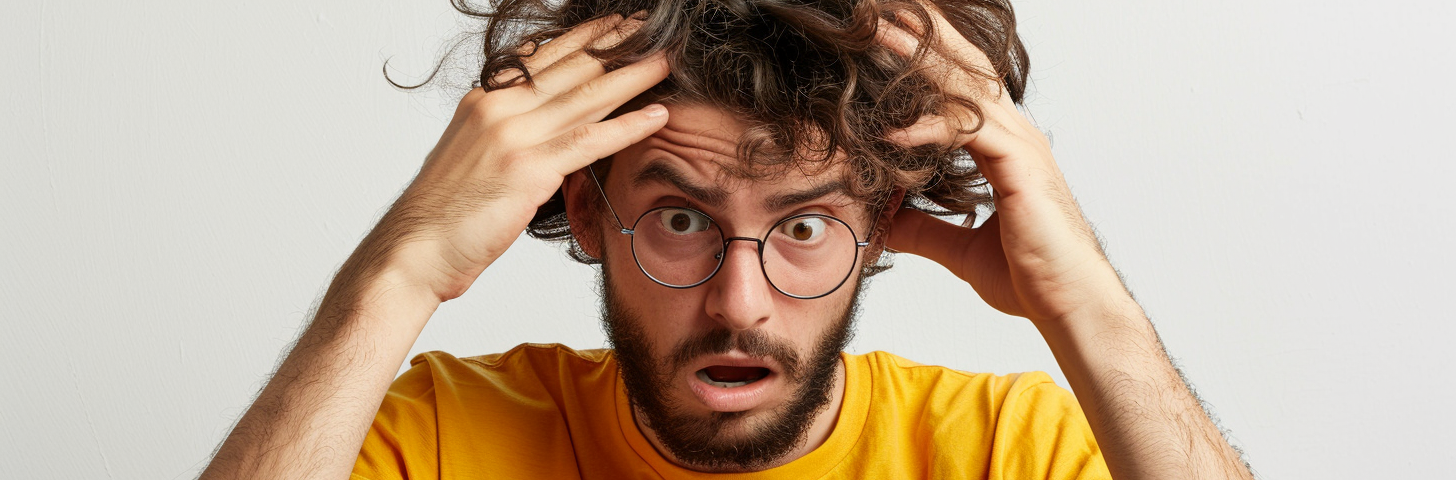 Photo of a young man with glasses and beard, looking at his laptop, looking very disappointed. Yellow T shirt. White background. AI image created on MidJourney by Henrique Centieiro and Bee Lee.