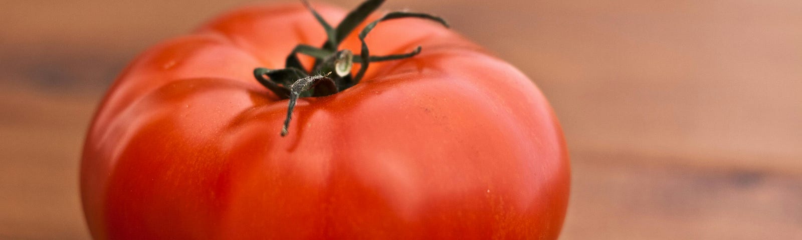 Photograph of one red, ripe tomato, on a brown wooden surface.