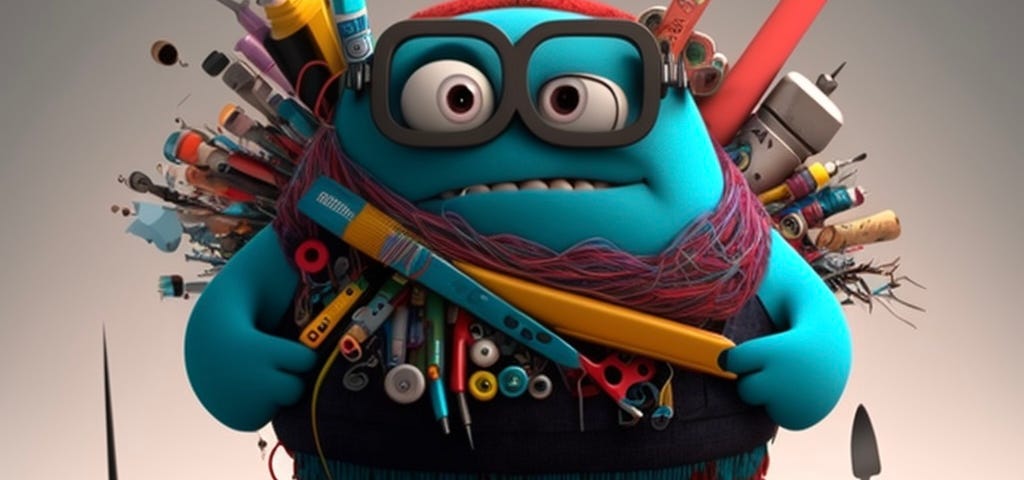 3D cartoon style blue monster character with a variety of design and creative tools overflowing in his arms.