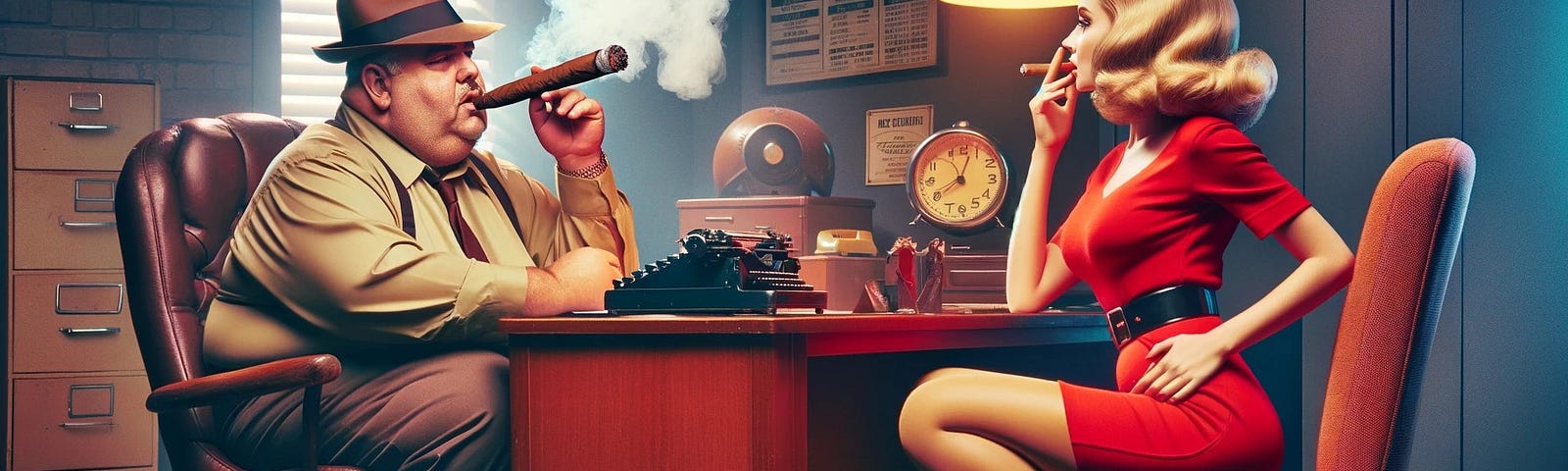 A blonde woman sits on front of a desk of a newspaper editing smoking a cigar