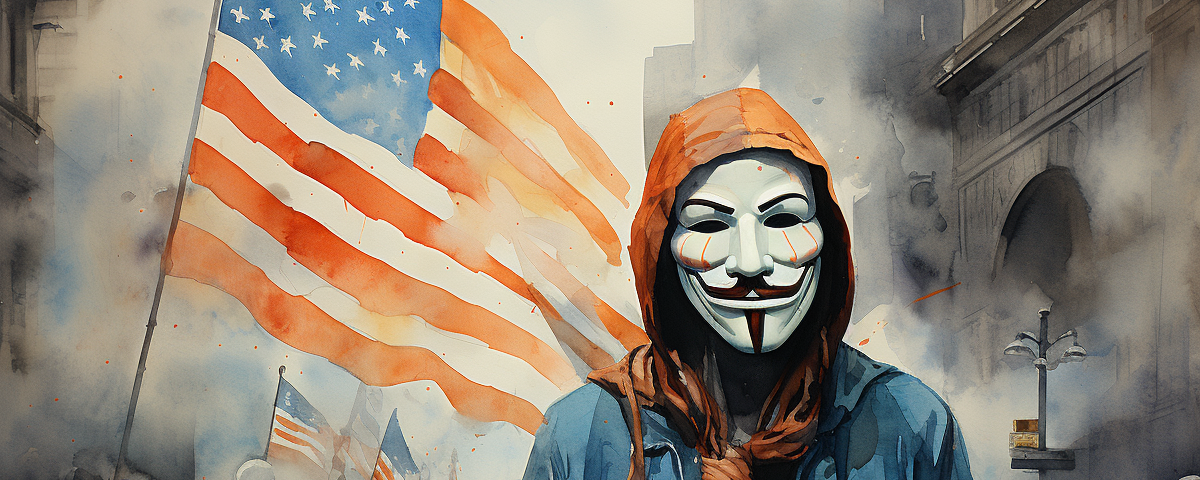 Watercolor illustration of a person wearing a Guy Fawkes Mask. Background appears to be a struggle or protest with an American Flag waving.