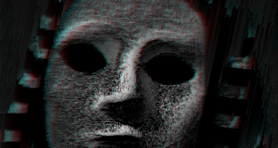An image of a mask, textured with a glitch effect over the perimeter. The person wearing the mask has a black and white striped scarf on.