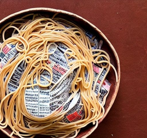 a bowl filled with spaghetti and newspaper. the image is AI-generated, and therefore slightly surreal-looking.