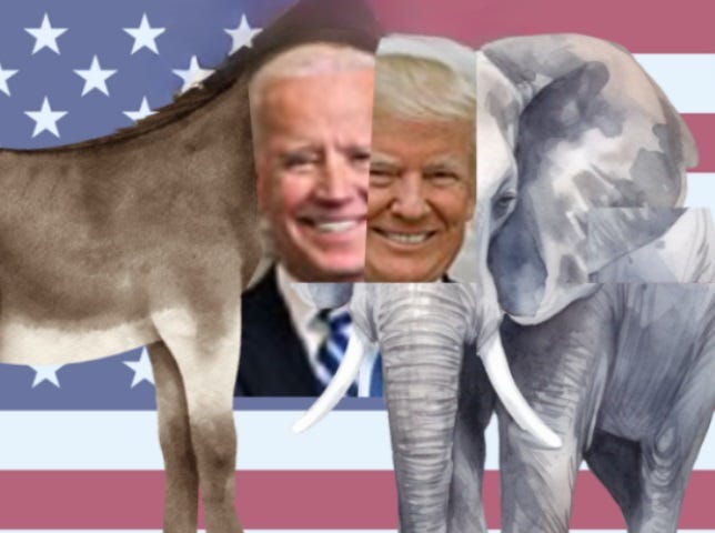 Photos of a donkey and elephant over a US flag. The left half of Biden’s face is shared with the right side of Donald Trump’s.